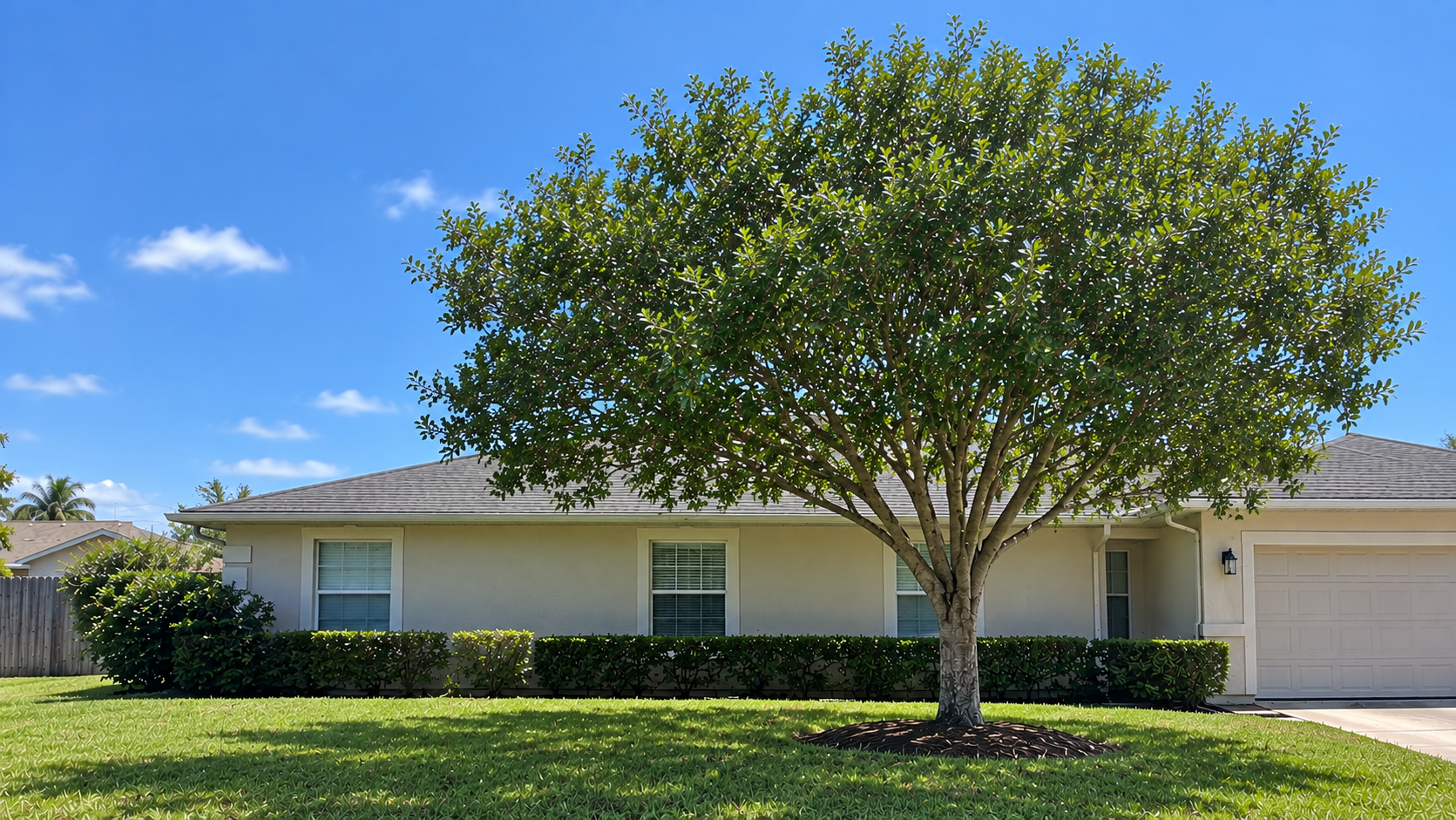 Well-pruned oak tree with raised crown and healthy canopy after trimming