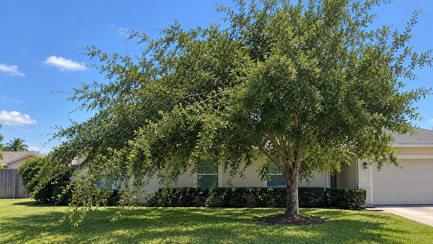Overgrown oak tree with low branches and deadwood before trimming
