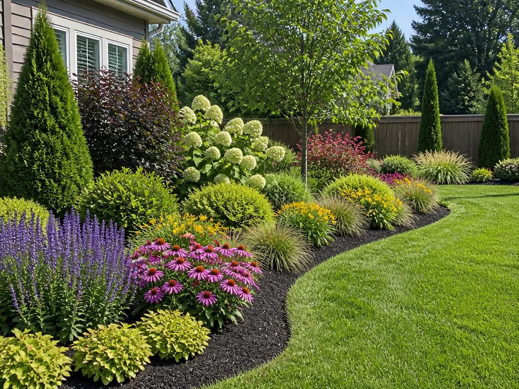 Beautiful landscaped garden bed with flowers and shrubs after design