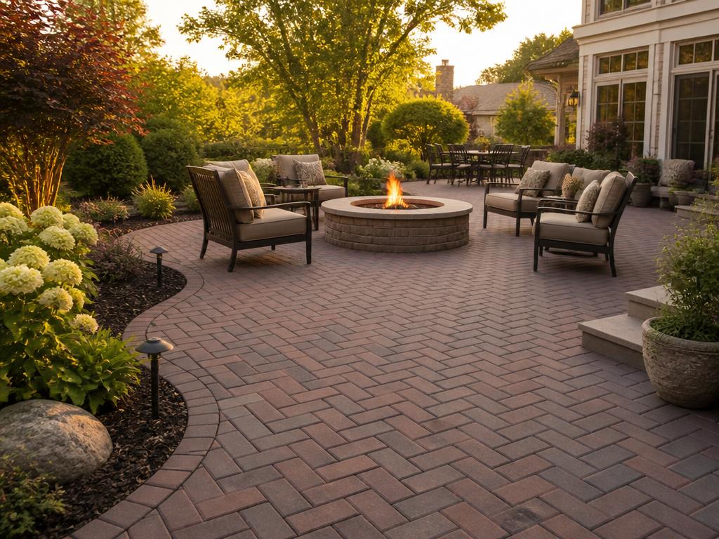 Elegant herringbone brick paver patio with fire pit after installation