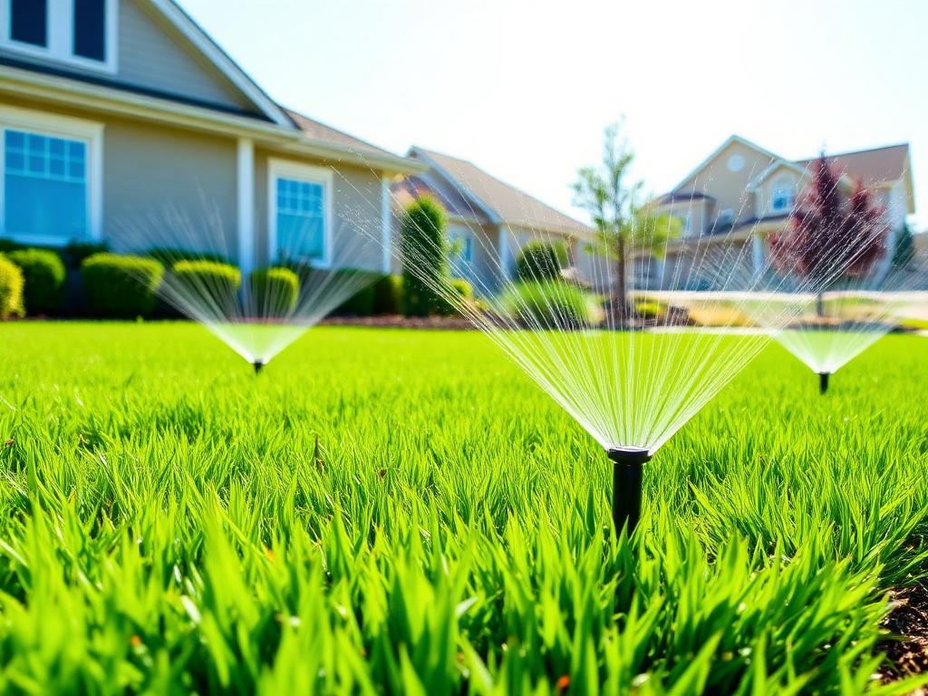 Lush green lawn with pop-up sprinkler heads spraying water after irrigation installation