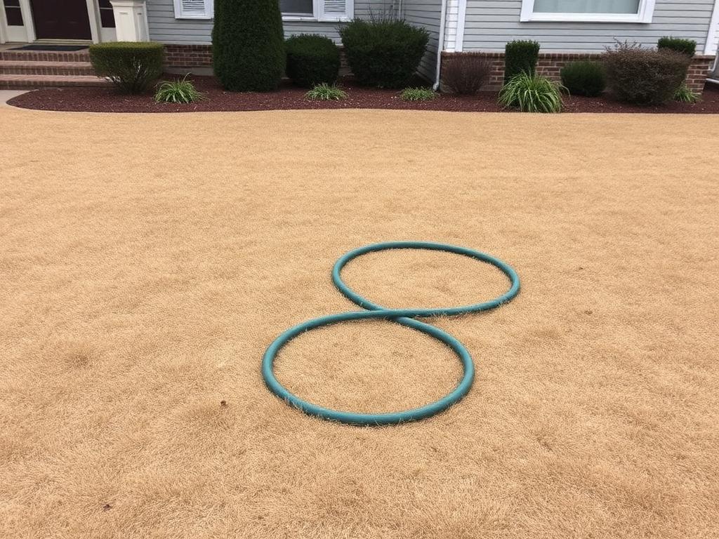 Dry brown lawn with a garden hose before sprinkler system installation