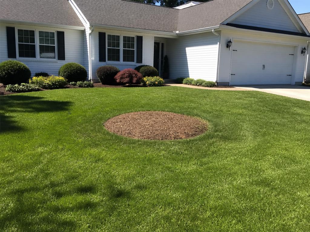 Clean front lawn with fresh soil patch where the tree was removed and stump ground down
