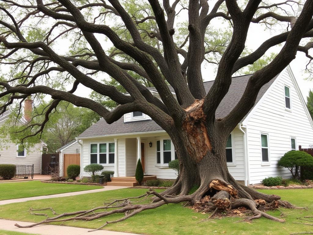 Large damaged oak tree leaning over a white house before tree removal